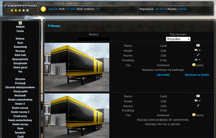 Tab showing trailers in the garage and information about them.